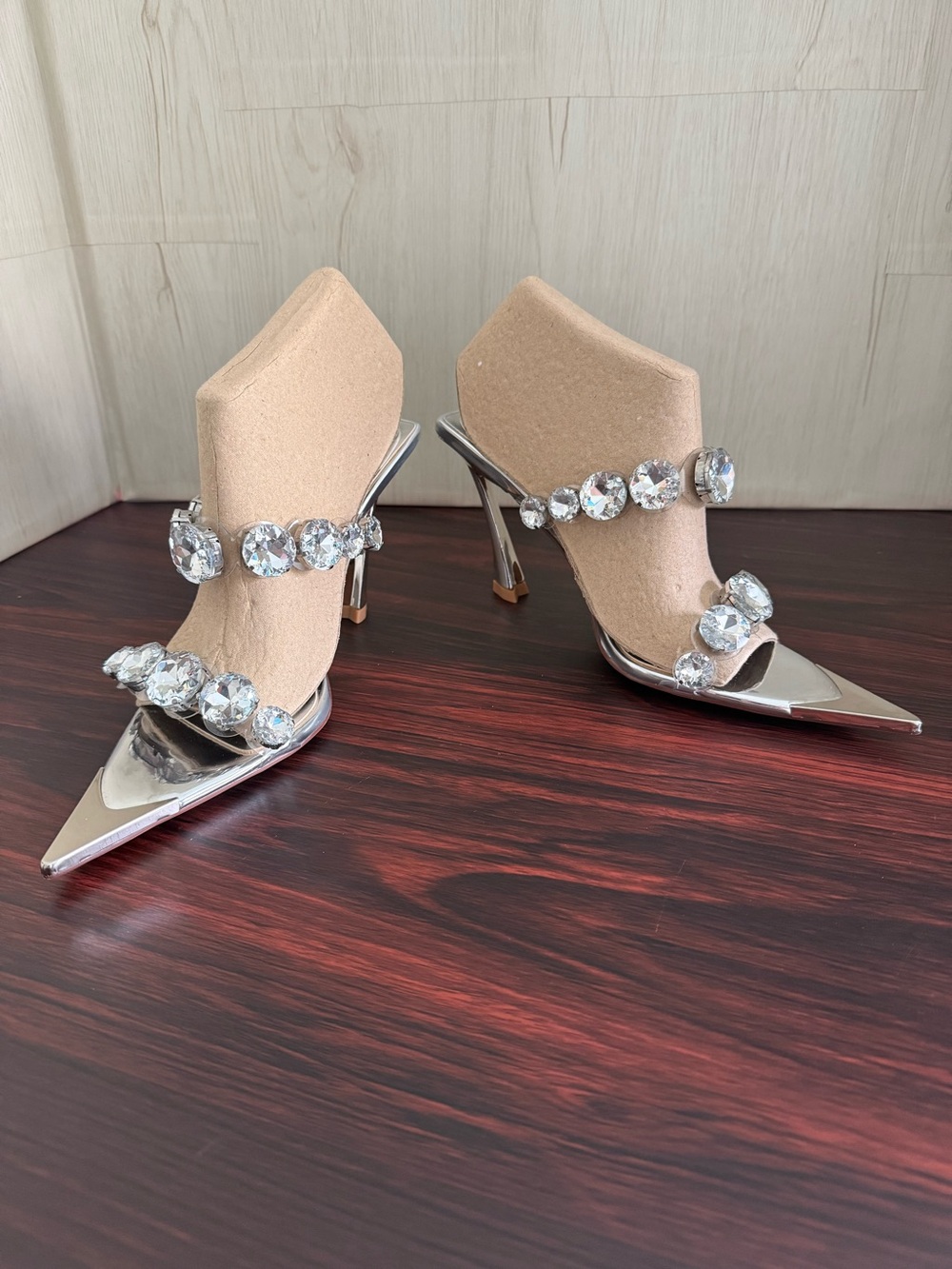 Azalea Wang Paolina Pointed Toe Slide Heeled Sandal Chunky Rhinestones Size 8 - Picture 6 of 13